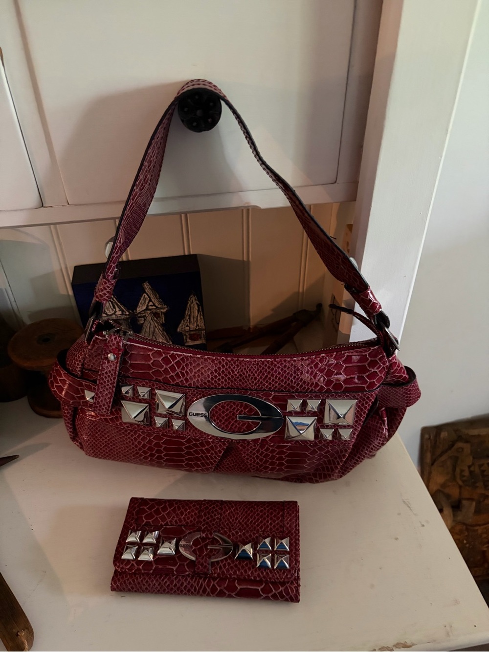 Guess Wine Red Croc-Embossed Shoulder Bag and wallet set with Studded Logo
